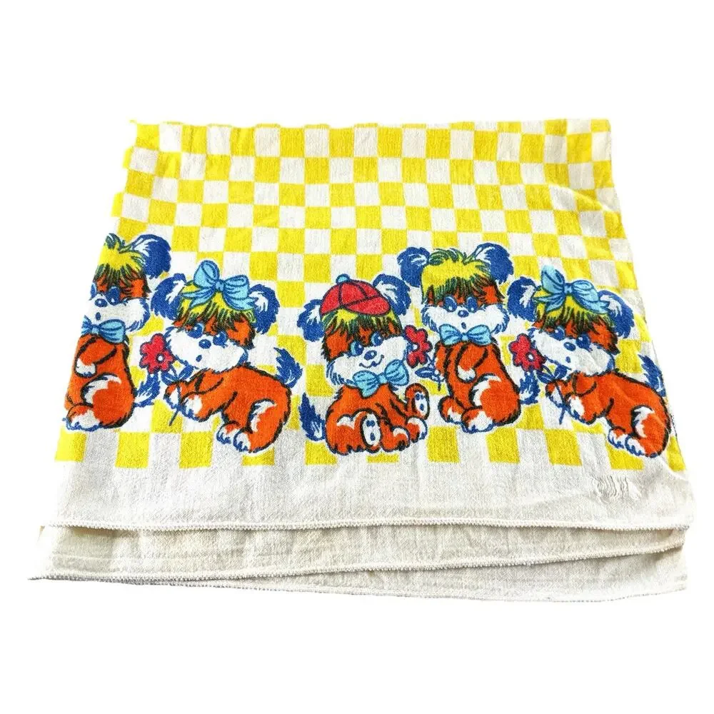 Vintage Puppy Dog Baby Blanket Terrycloth Yellow Checkered Retro Nursery 28x34